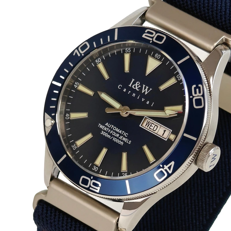 Чоловічий механічний годинник Carnival BlueMarine Nylon Strap 10 Bar, 2 ремінці