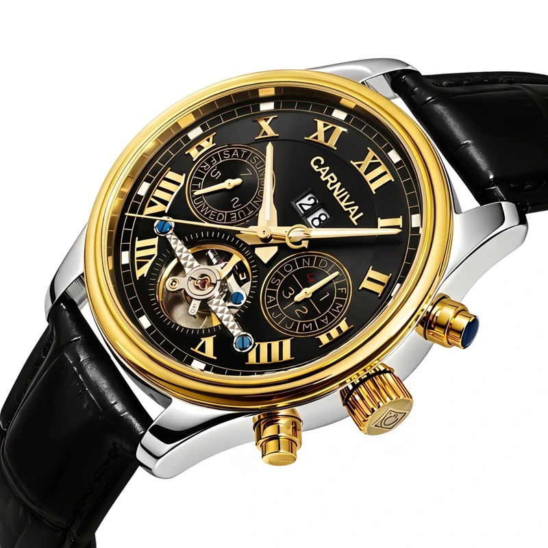 Чоловічий механічний годинник Carnival Sappfire Silver Leather Deluxe, 2 ремінці