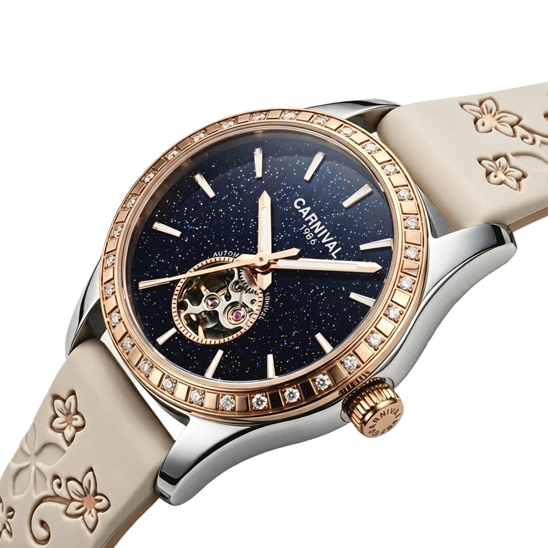 Жіночий механічний годинник Carnival Lady Elite Beige Flower, 2 ремінці — Carnival