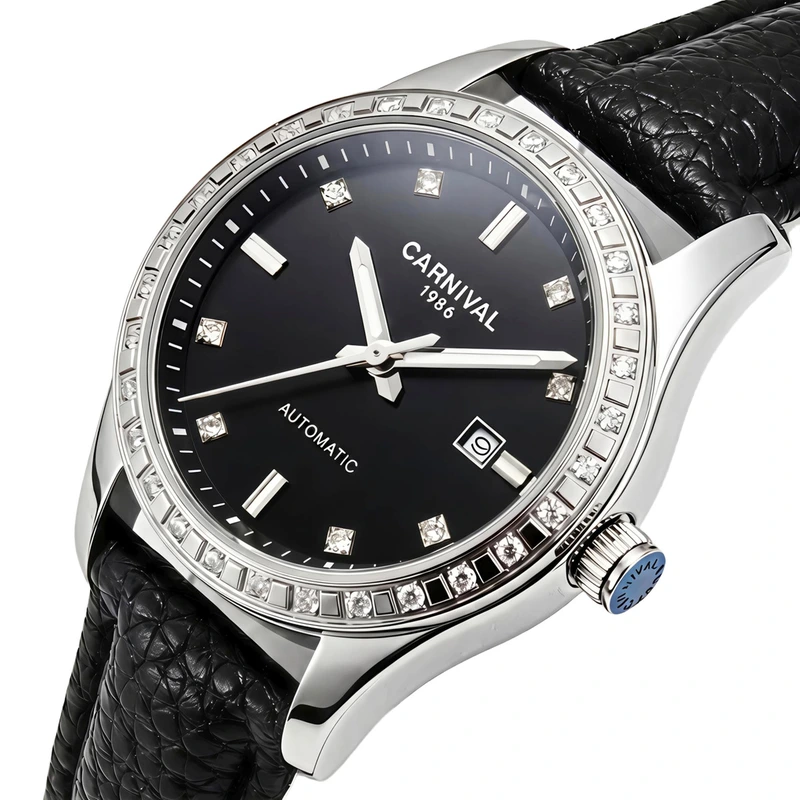 Жіночий механічний годинник Carnival Luiza Black Leather