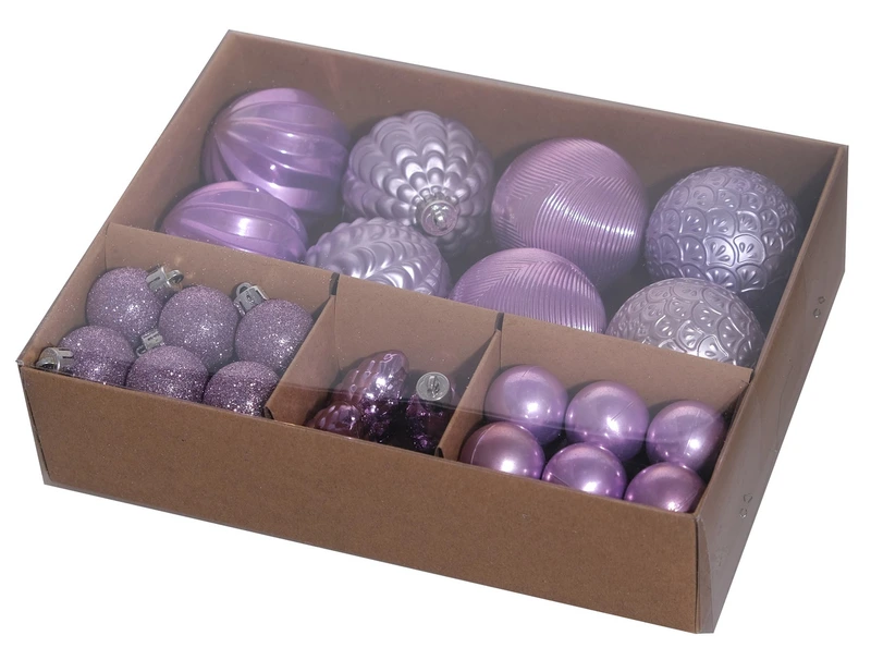 Ялинкові пластикові кульки рельєфні і шишки комплект 36 шт, Ø 3,4,6 см, мікс бузкові