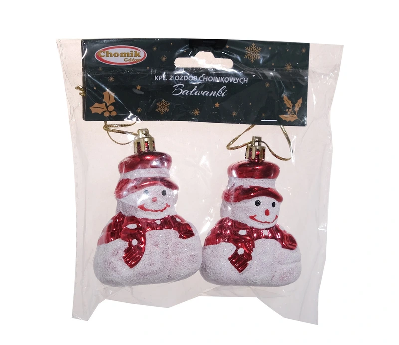 Ялинкова пластикова прикраса "Сніговик" Chomik, 2 шт комплект, 8 см, білий з червоним