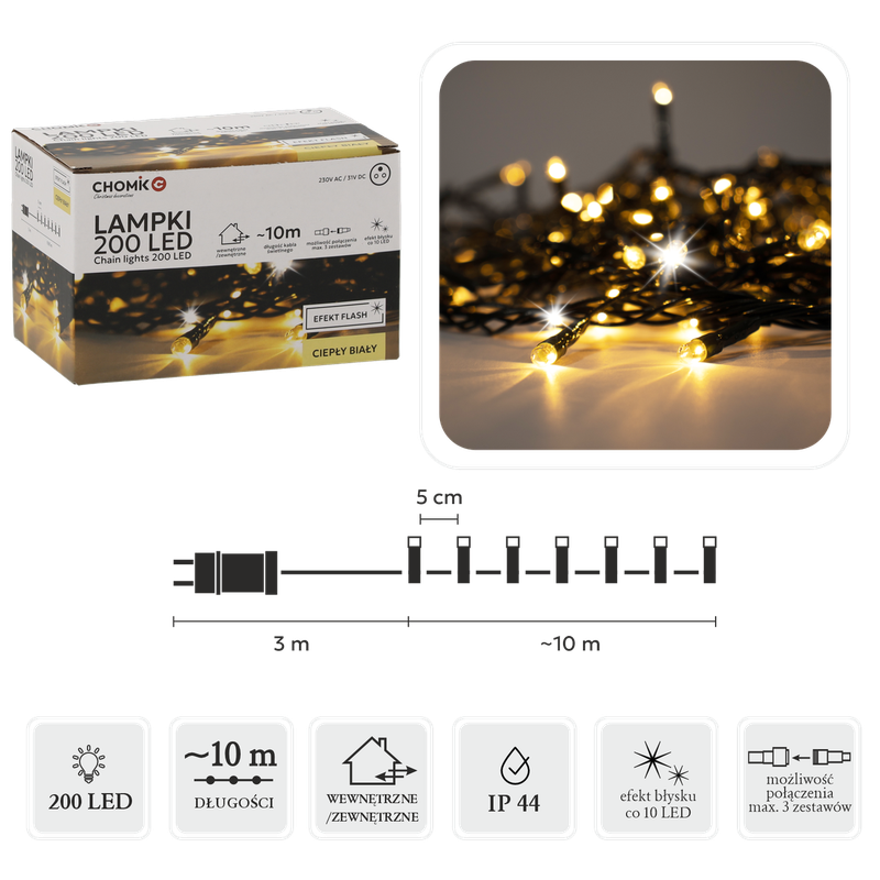 Гірлянда електрична Chomik, 200 LED, 10м, теплий білий, від мережі