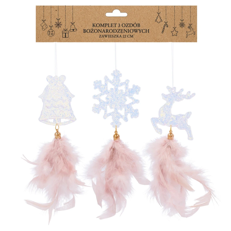 Прикраса-підвіска Chomik "Олень, Дзвіночок, Сніжинка" з пір'ям 22 см, комплект 3шт, шампань