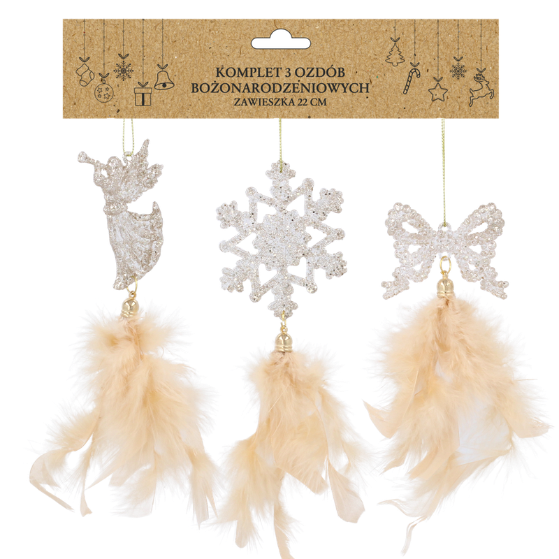 Прикраса-підвіска "Янгол, бант, сніжинка" Chomik з пір'ям, комплект 3 шт, 22 см, шампань