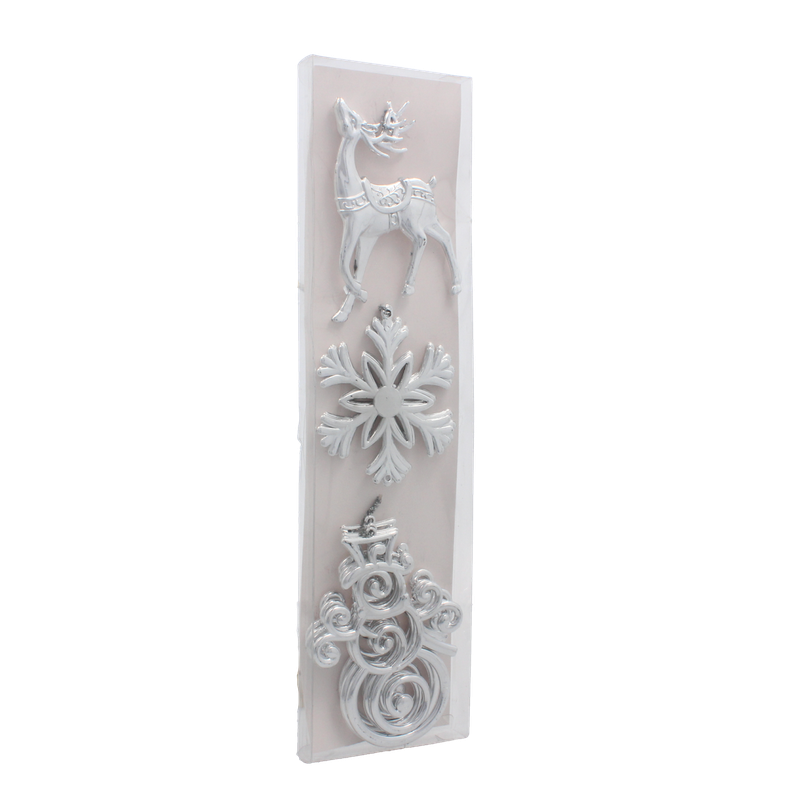 Прикраса-підвіска пластикова Chomik "Олень, сніжинка, сніговик", комплект 3 шт, сріблясті