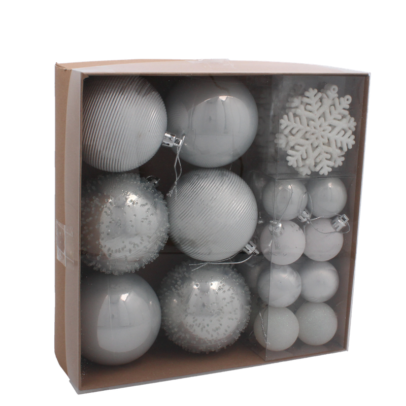 Ялинкові пластикові прикраси Chomik "Кульки, сніжинки", компл. 30шт, срібні