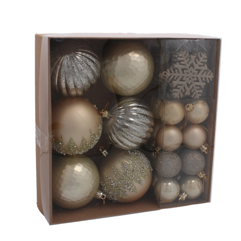 Ялинкові пластикові прикраси Chomik "Кульки, сніжинки", компл. 30шт, шампань