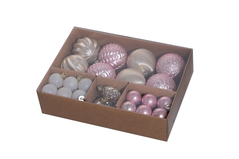 Ялинкові пластикові кульки рел'єфні і шишки Chomik комплект 36 шт, Ø 3, 4, 6 см, мікс рожеві, шампань