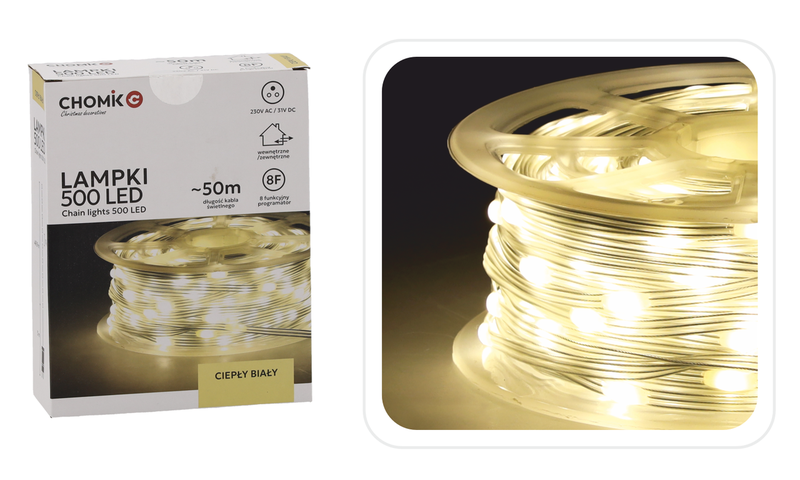 Гірлянда-струна на котушці Chomik, 49,9+3 м, 500 LED теплий білий