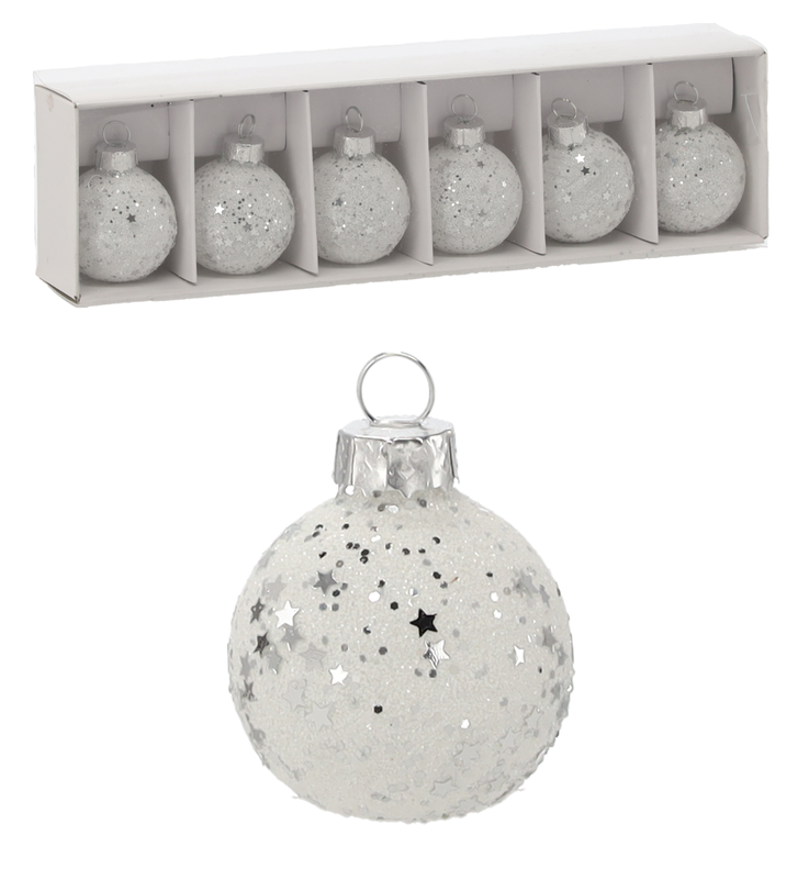Ялинкові скляні кульки "Chomik" комплект 6 шт, Ø 4 см, білі з паєтками