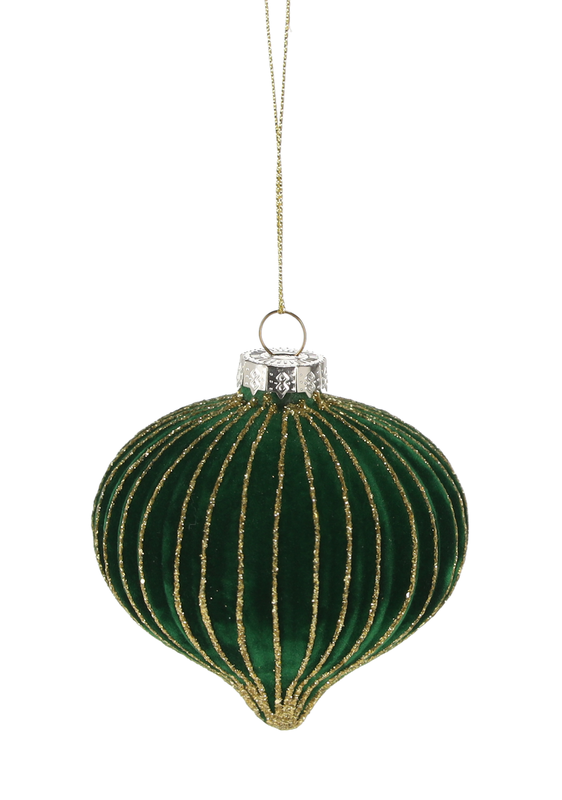 Ялинкова скляна кулька велюр "Дзига" Chomik Ø 8 см, зелена смугаста