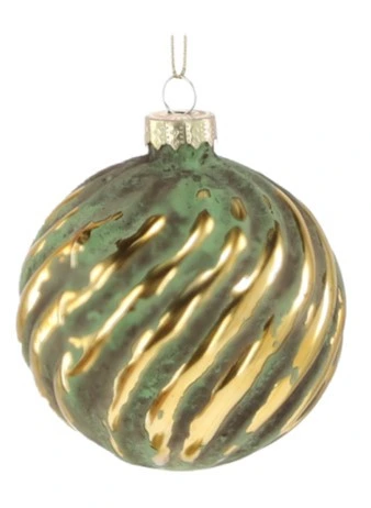 Ялинкова скляна кулька Chomik зелено-золота 8 см, рельєф хвиля