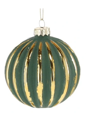 Ялинкова скляна кулька Chomik зелено-золота 8 см, вертикальний рельєф