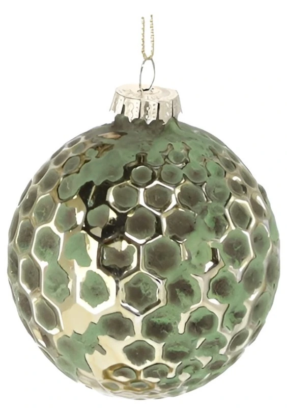 Ялинкова скляна кулька Chomik зелено-золота 8 см, рельєф соти