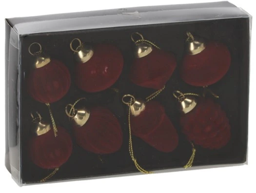 Ялинкові скляні прикраси Chomik комплект 8 шт, велюр покриття, бургунді