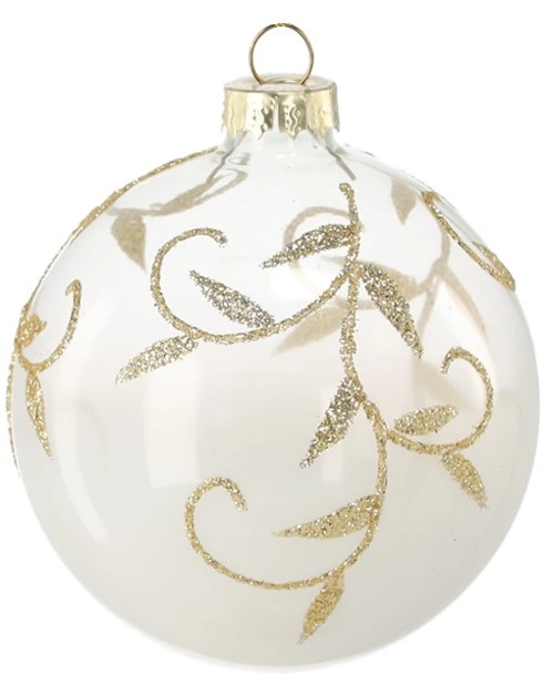 Ялинкова скляна прикраса Chomik біла, 8 см, візерунок гілка