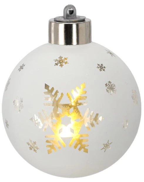 Ялинкова скляна кулька Chomik біла з LED підсвіткою 8 см, сніжинка велика