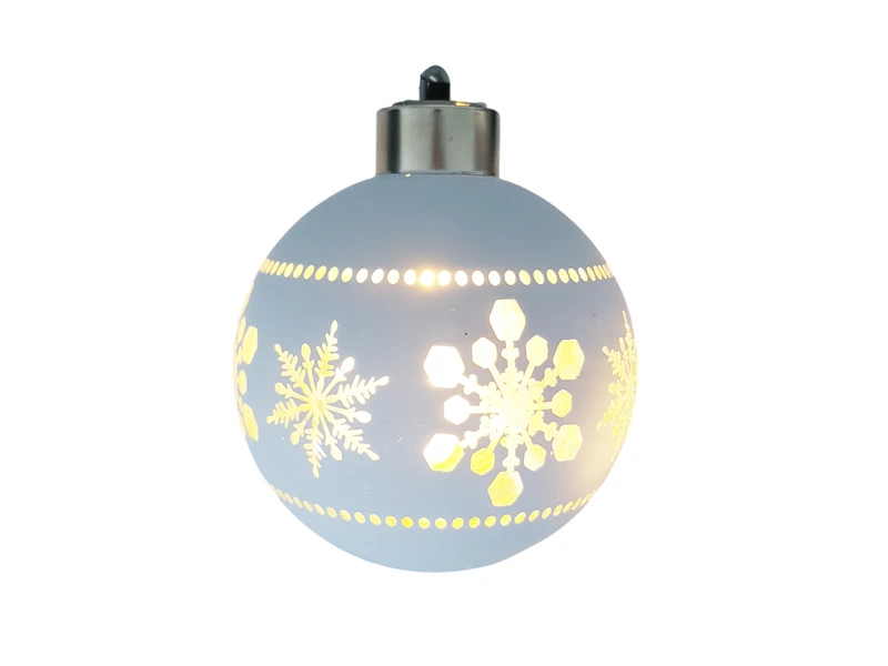 Ялинкова скляна кулька Chomik біла з LED підсвіткою 8 см, сніжинки в ряд