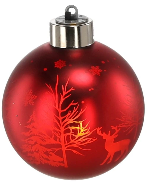 Ялинкова скляна кулька Chomik червона з LED підсвіткою 8 см, сніжинки