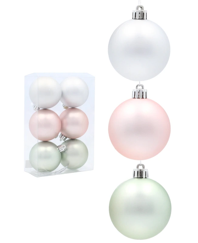 Ялинкові пластикові кульки матові Chomik комплект 6 шт, Ø 6 см, салатовий, рожевий, срібний — Chomik