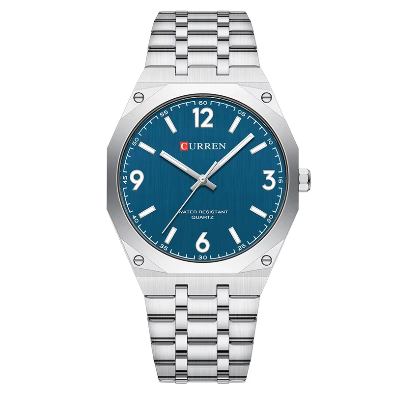 Чоловічий наручний годинник Curren 8504 Silver-Blue зі сталевим браслетом та синім циферблатом — Curren