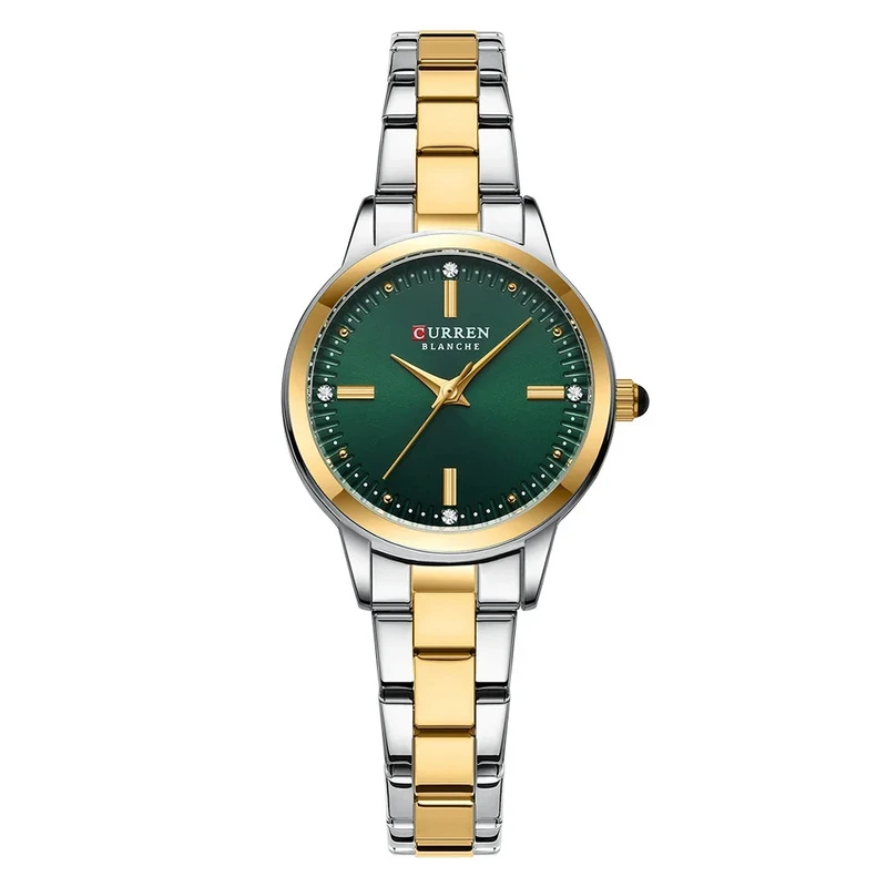 Жіночий класичний годинник Curren 9094 Silver-Gold-Green з мінеральним склом та сталевим браслетом — Curren