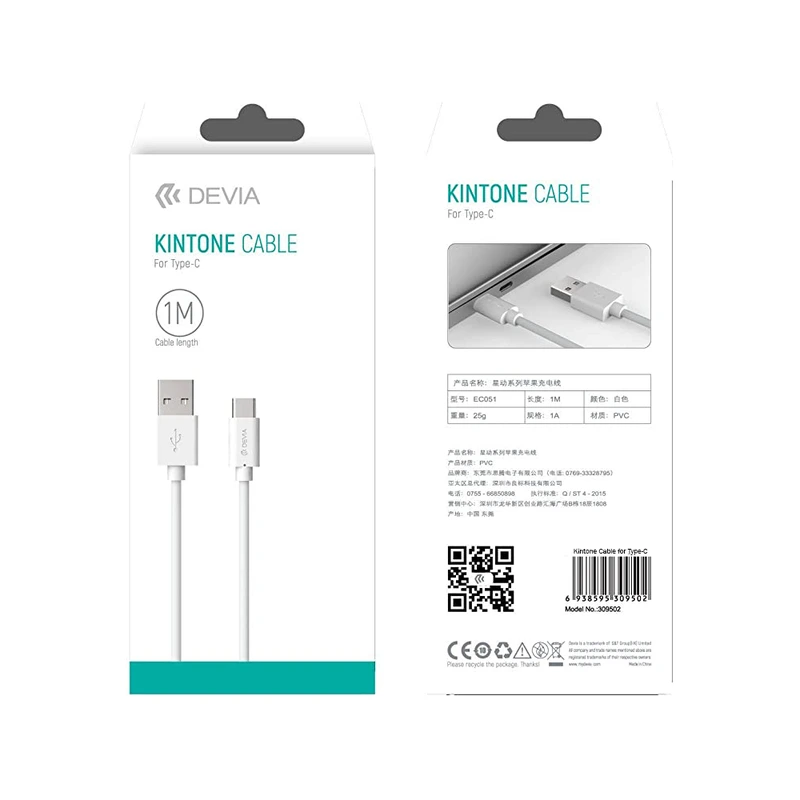 Кабель Devia Kintone USB – Type-C 1A/1м- білий — Devia