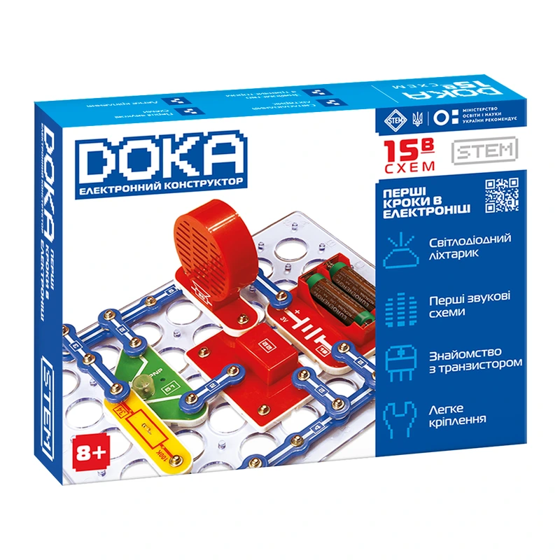 Конструктор електронний DOKA "ПЕРШІ КРОКИ В ЕЛЕКТРОНІЦІ" (Набір В, 15 схем) — DOKA