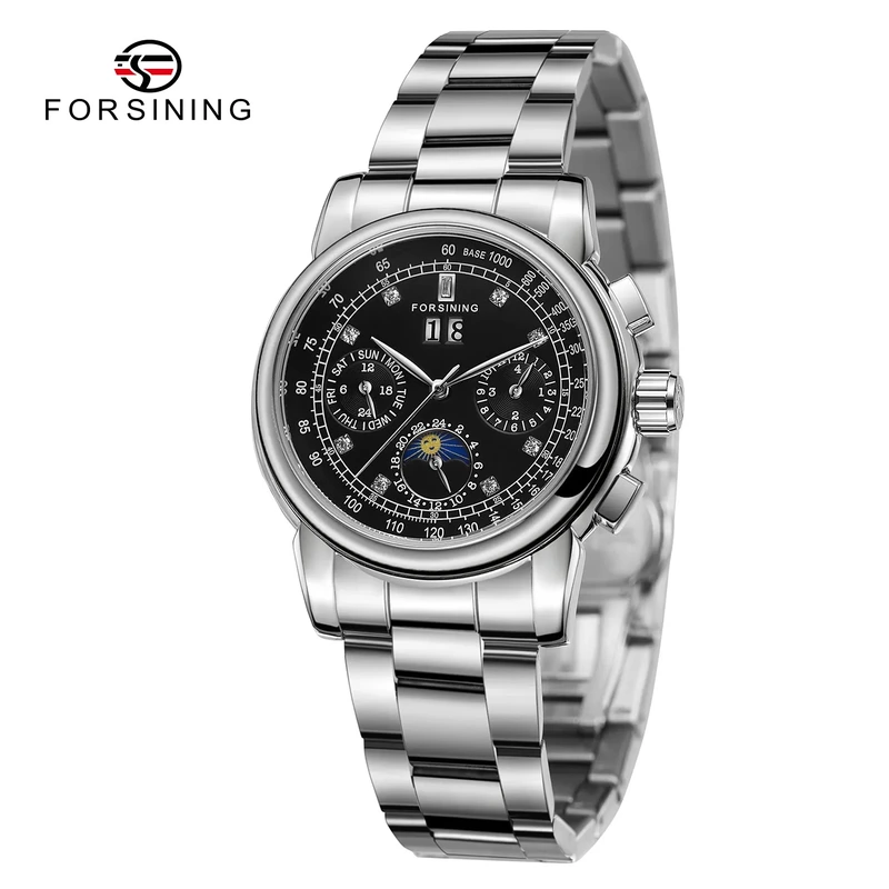 Жіночий механічний годинник Forsining 6918 Silver-Black з автопідзаводом та сталевим браслетом