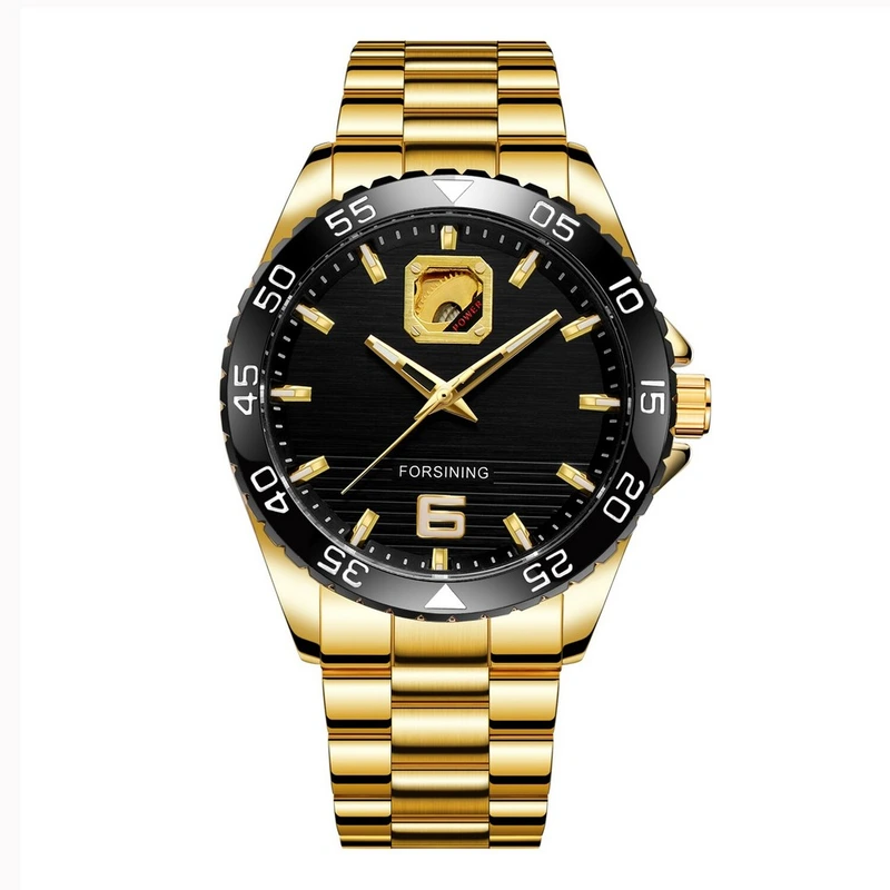 Чоловічий механічний годинник Forsining 8200 Gold-Black з автопідзаводом та золотистим сталевим браслетом — Forsining