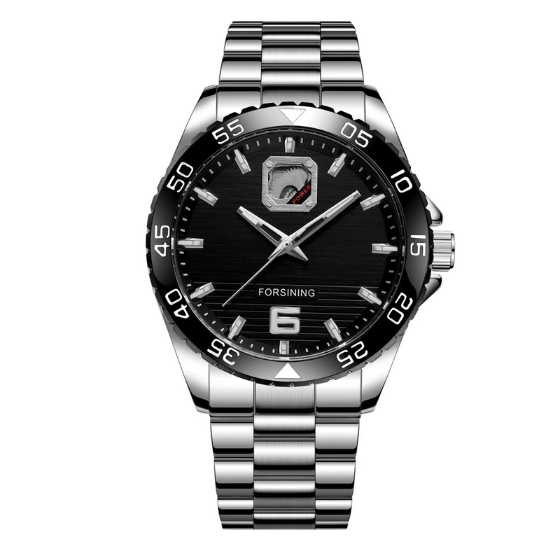 Чоловічий механічний годинник Forsining 8200 Silver-Black з автопідзаводом та сталевим браслетом