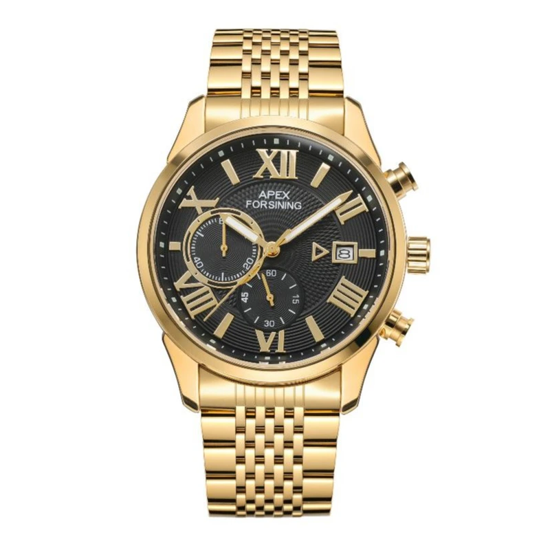 Чоловічий годинник Forsining 8304 Gold-Black Steel з хронографом та золотистим браслетом — Forsining