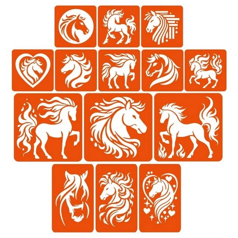 Набір трафаретів для біо-тату "Коні - великий мікс" horses-big-mix 10х10 см