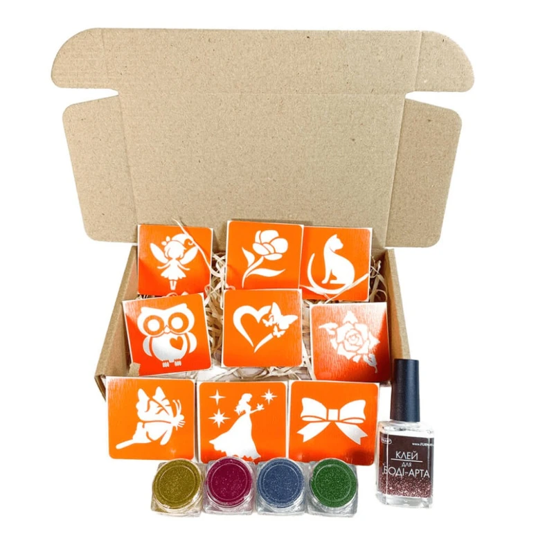 Набір для біо-тату "Для дівчаток #3 - гліттер" set-girls-3-glitter 9 трафаретів — Fresh Tattoo