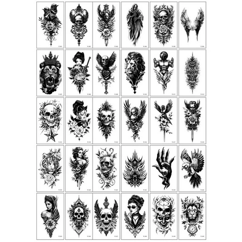 Набір тимчасових тату "Чорні міні №6" black-tattoo-mini-set-6-TC-30, 30 штук, розмір 9,5 х 9,5 см — Fresh Tattoo