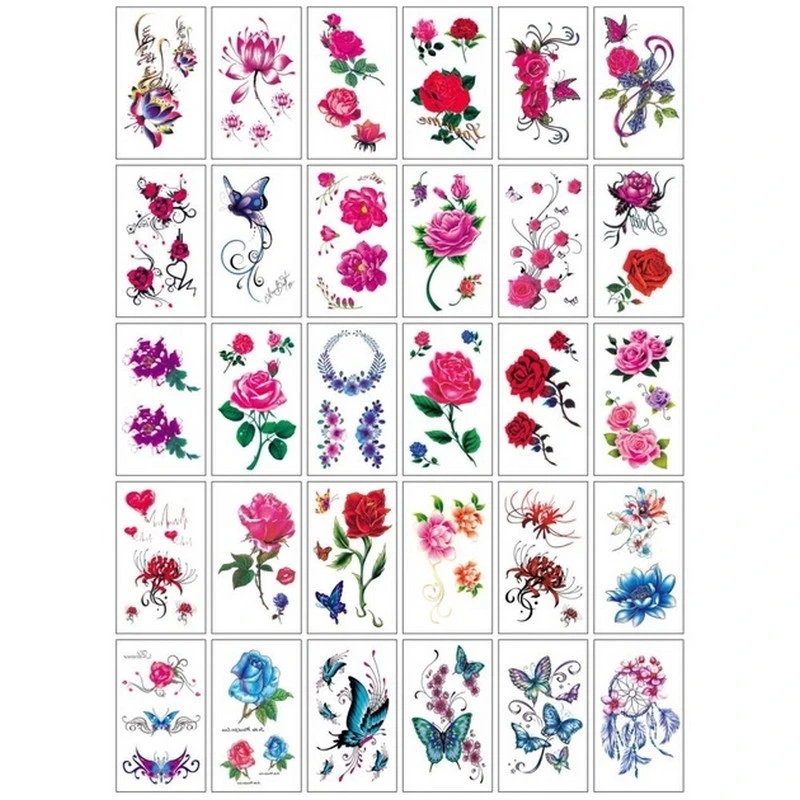 Набір тимчасових тату "Кольорові міні №3" color-tattoo-mini-set-3-30-E30, 30 штук, розмір 9,5 х 9,5 см — Fresh Tattoo