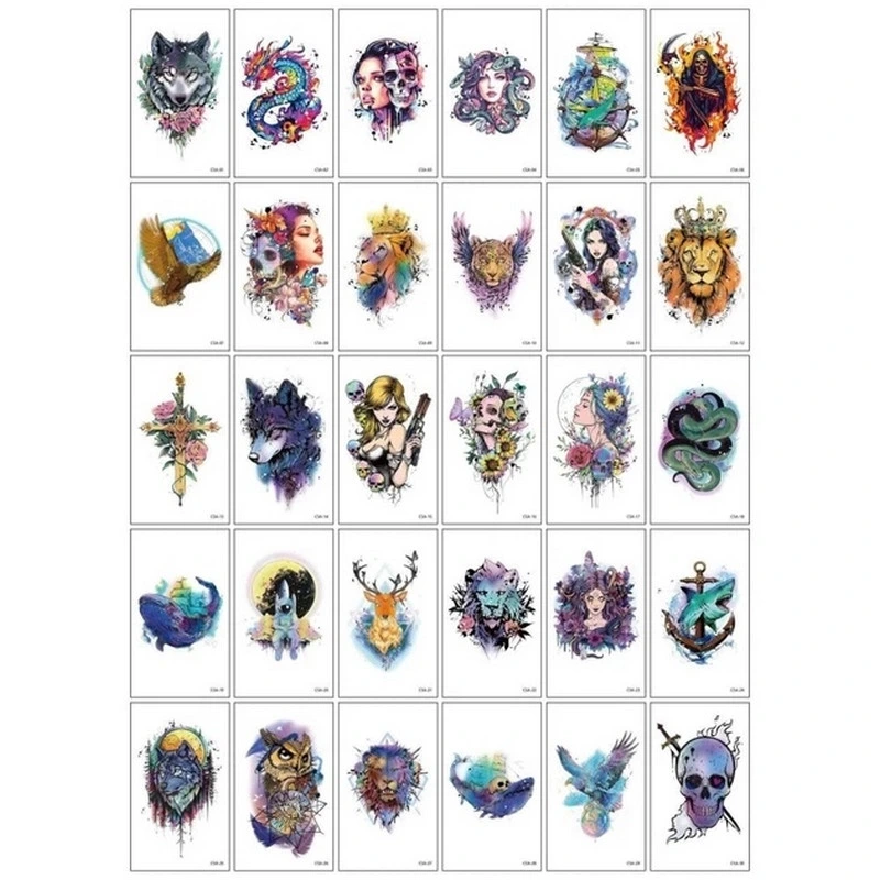 Набір тимчасових тату "Кольорові міні №5" color-tattoo-mini-set-5-30-CSA30, 30 штук, розмір 9,5 х 9,5 см — Fresh Tattoo
