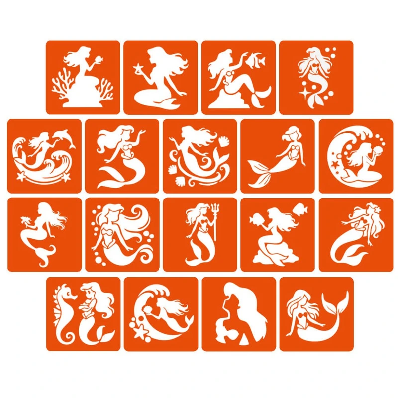Набір трафаретів для біо-тату "Русалки" mermaids-5x5-18, 18 трафаретів — Fresh Tattoo