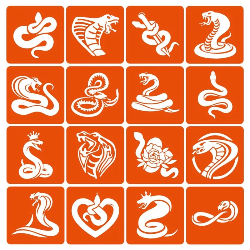Набір трафаретів для біо-тату "Змії" Snakes-simple-16, 6х6 см 16 простих трафаретів
