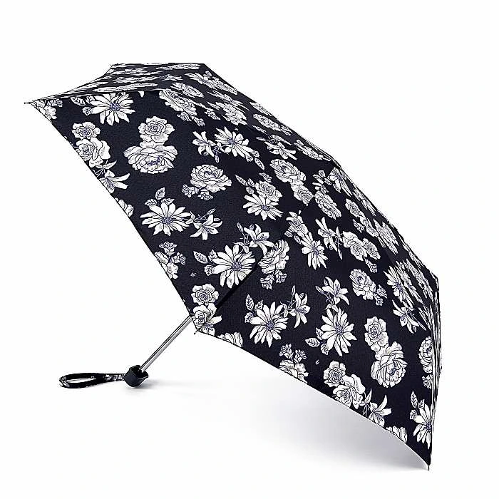 Парасолька жіноча Fulton L340 Miniflat-2 Black and White Floral (Чорно-білі квіти) — Fulton