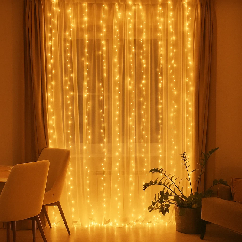 Новорічна гірлянда кімнатна штора роса Хвойна лапа 3х3 м 600 LED Жовте світло D600LED3MY