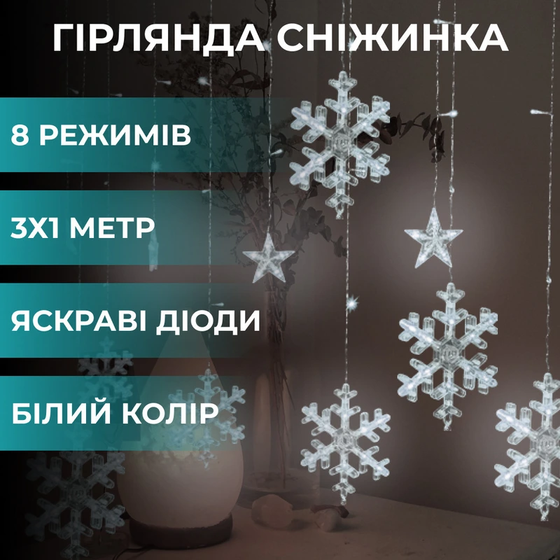 Гірлянда світлодіодна штора GarlandoPro сніжинка і зірка 12 фігур 3х1м гірлянда зірка Білий 1733064W