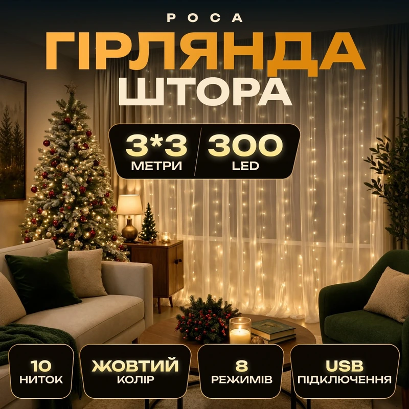 Гірлянда-штора Роса 300 LED 10 ниток 3*3 м USB GarlandoPro USB173308Y — Garlando