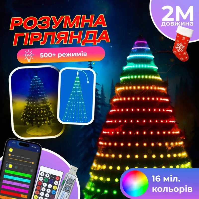 Розумна гірлянда Smart 200 LED довжина 2 м з керуванням зі смартфона прозора, мультиколор 1733042W