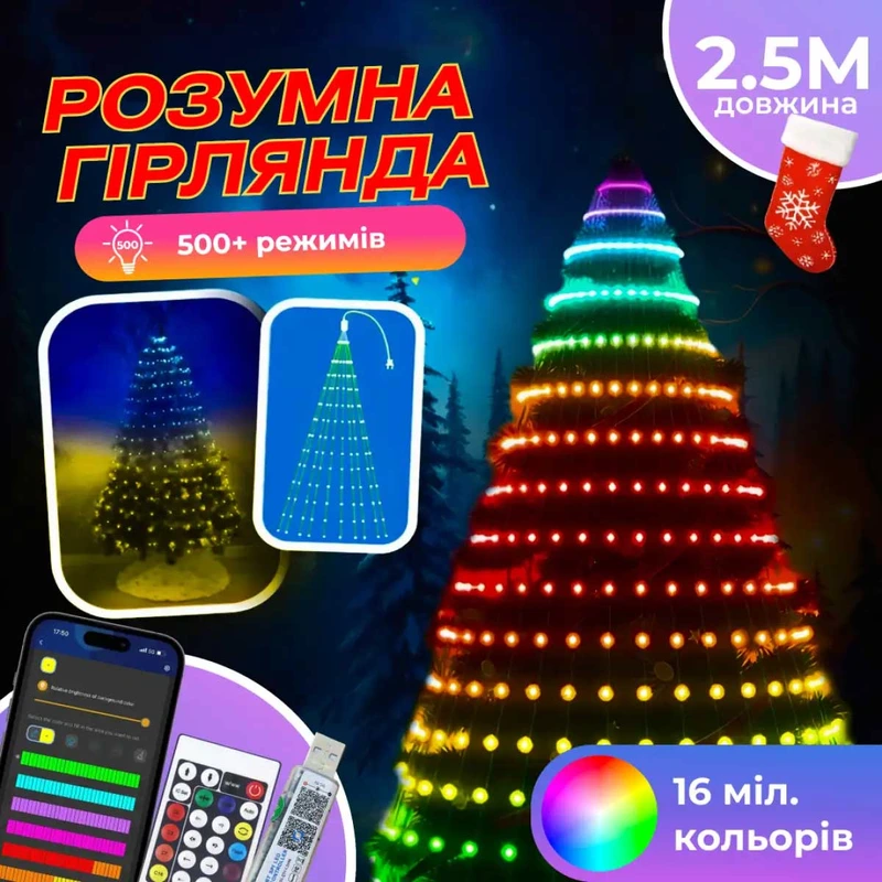 Розумна гірлянда Smart 250 LED довжина 2,5 м з керуванням смартфона прозора, мультиколор 1733044W