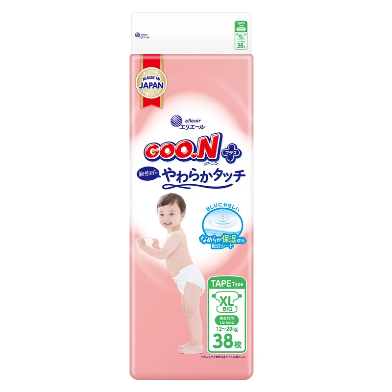 Підгузки GOO.N Plus для дітей 12-20 кг (розмір XL, на липучках, унісекс, 38 шт.) — Goo.N