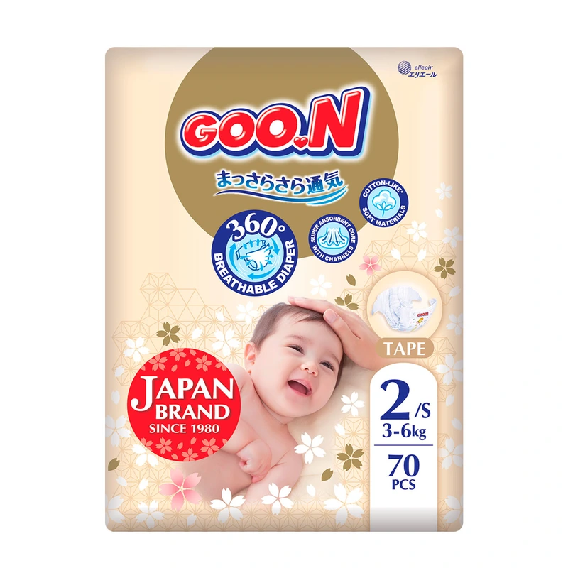 Підгузки GOO.N Premium Soft для дітей 3-6 кг (розмір 2(S), на липучках, унісекс, 70 шт) — Goo.N