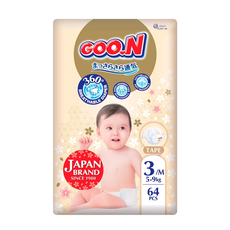 Підгузки GOO.N Premium Soft для дітей 5-9 кг (розмір 3(M), на липучках, унісекс, 64 шт) — Goo.N