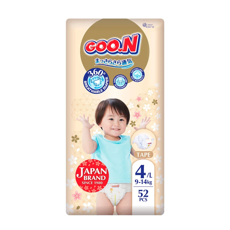 Підгузки GOO.N Premium Soft для дітей 9-14 кг (розмір 4(L), на липучках, унісекс, 52 шт.) — Goo.N
